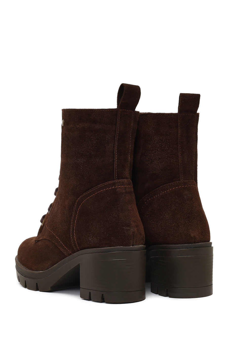 Women's Brown Zippered Thick Heeled Suede Leather Boot