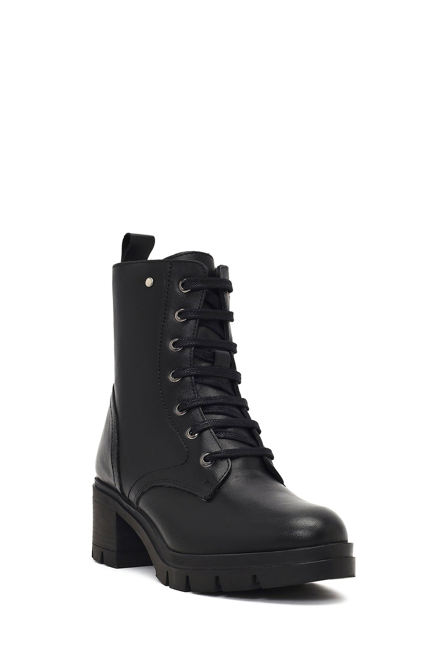 Women's Black Zippered Thick Heeled Leather Boot