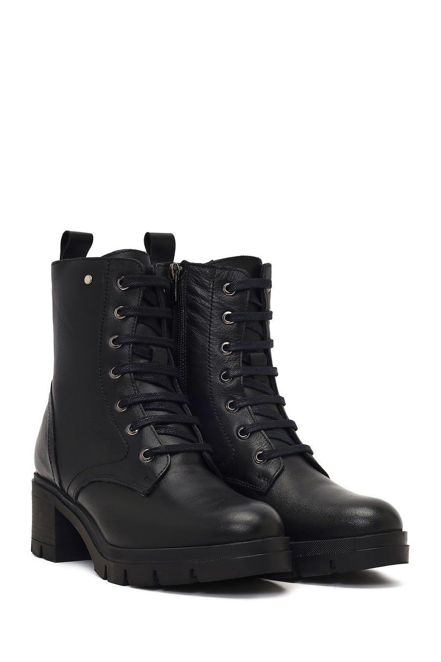 Women's Black Zippered Thick Heeled Leather Boot