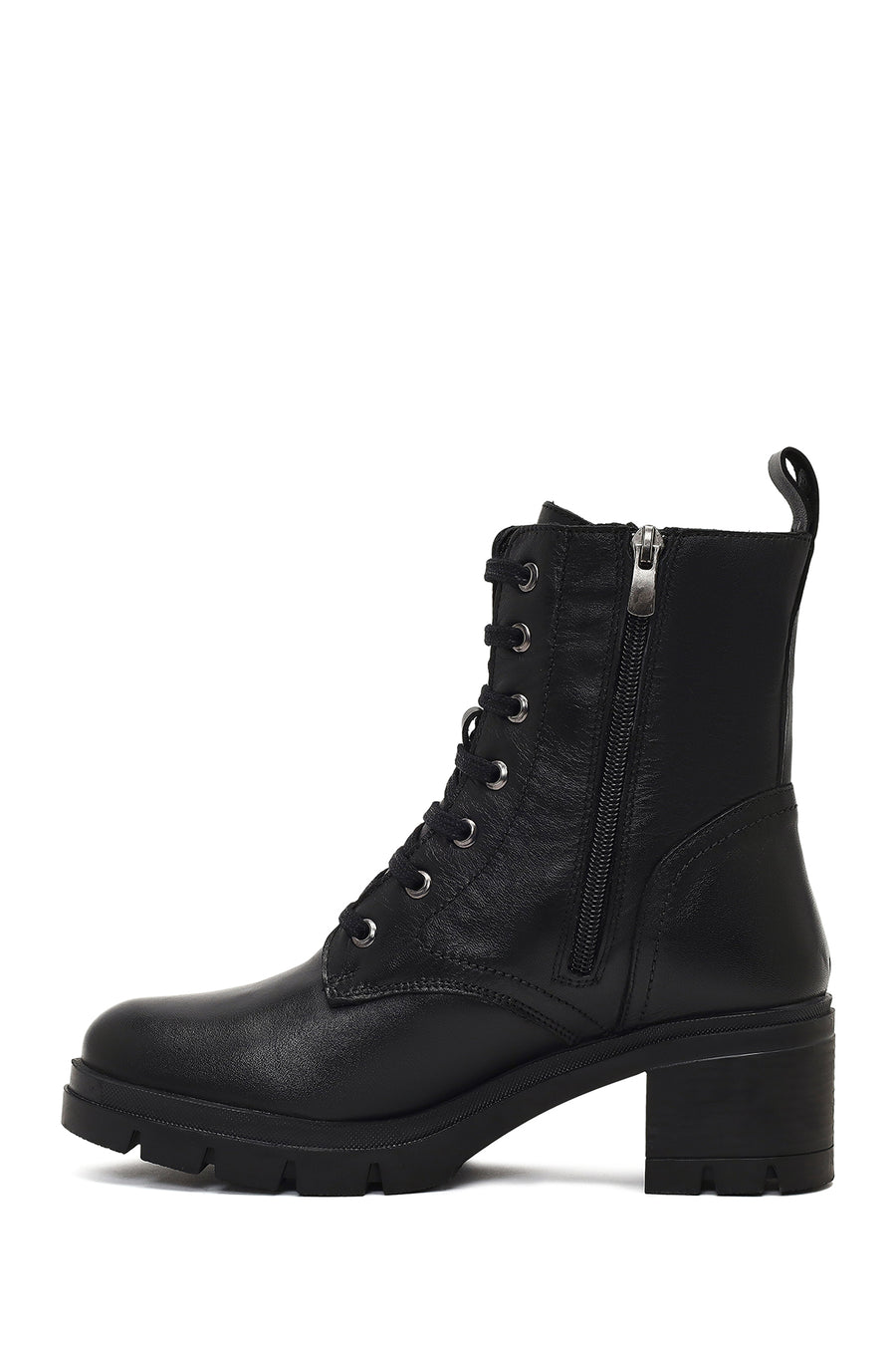 Women's Black Zippered Thick Heeled Leather Boot