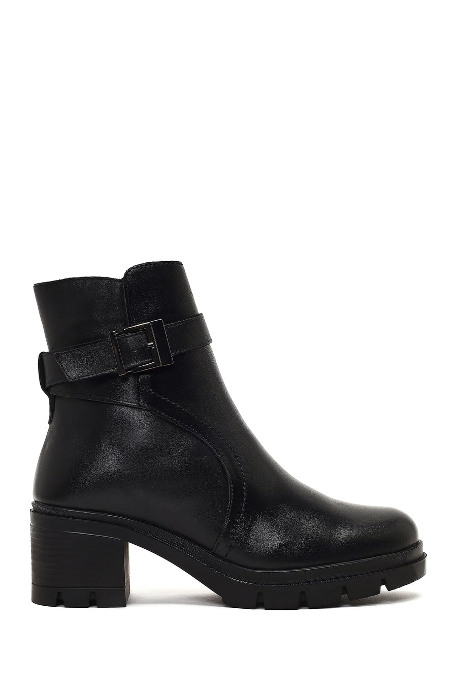 Women's Black Zippered Thick Heeled Leather Boot 25WFD414118 | Derimod