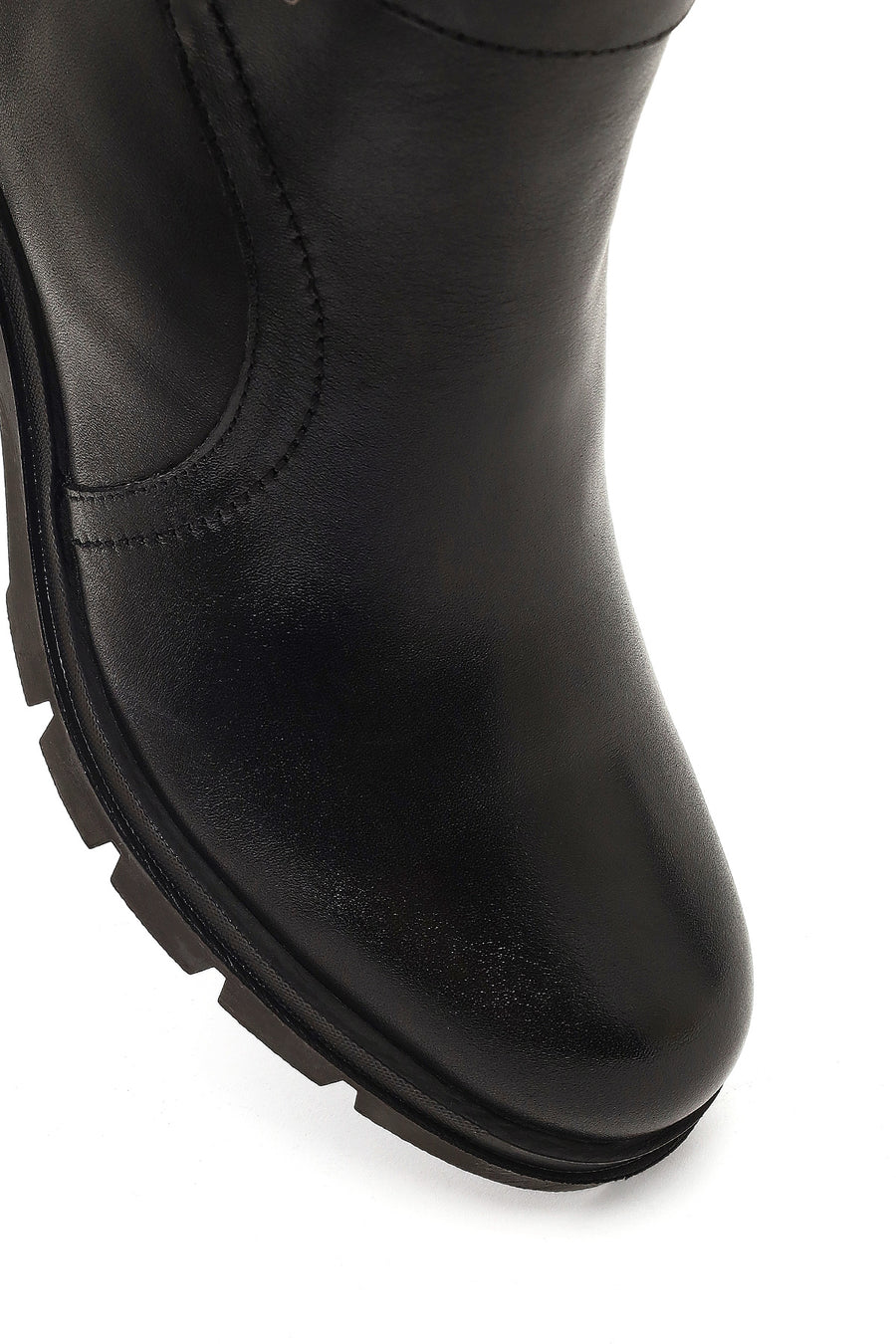 Women's Black Zippered Thick Heeled Leather Boot
