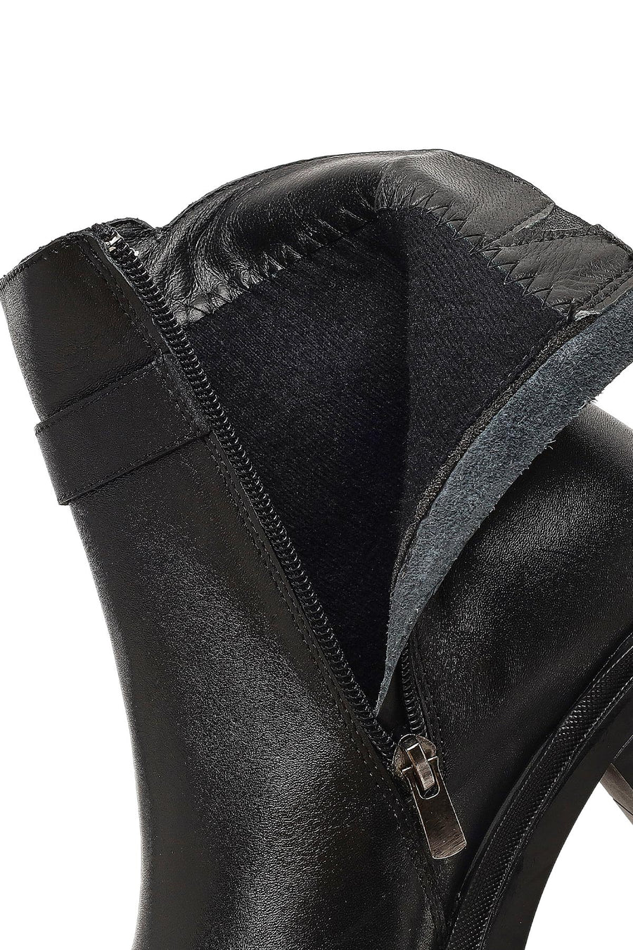Women's Black Zippered Thick Heeled Leather Boot