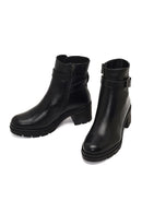 Women's Black Zippered Thick Heeled Leather Boot | Derimod