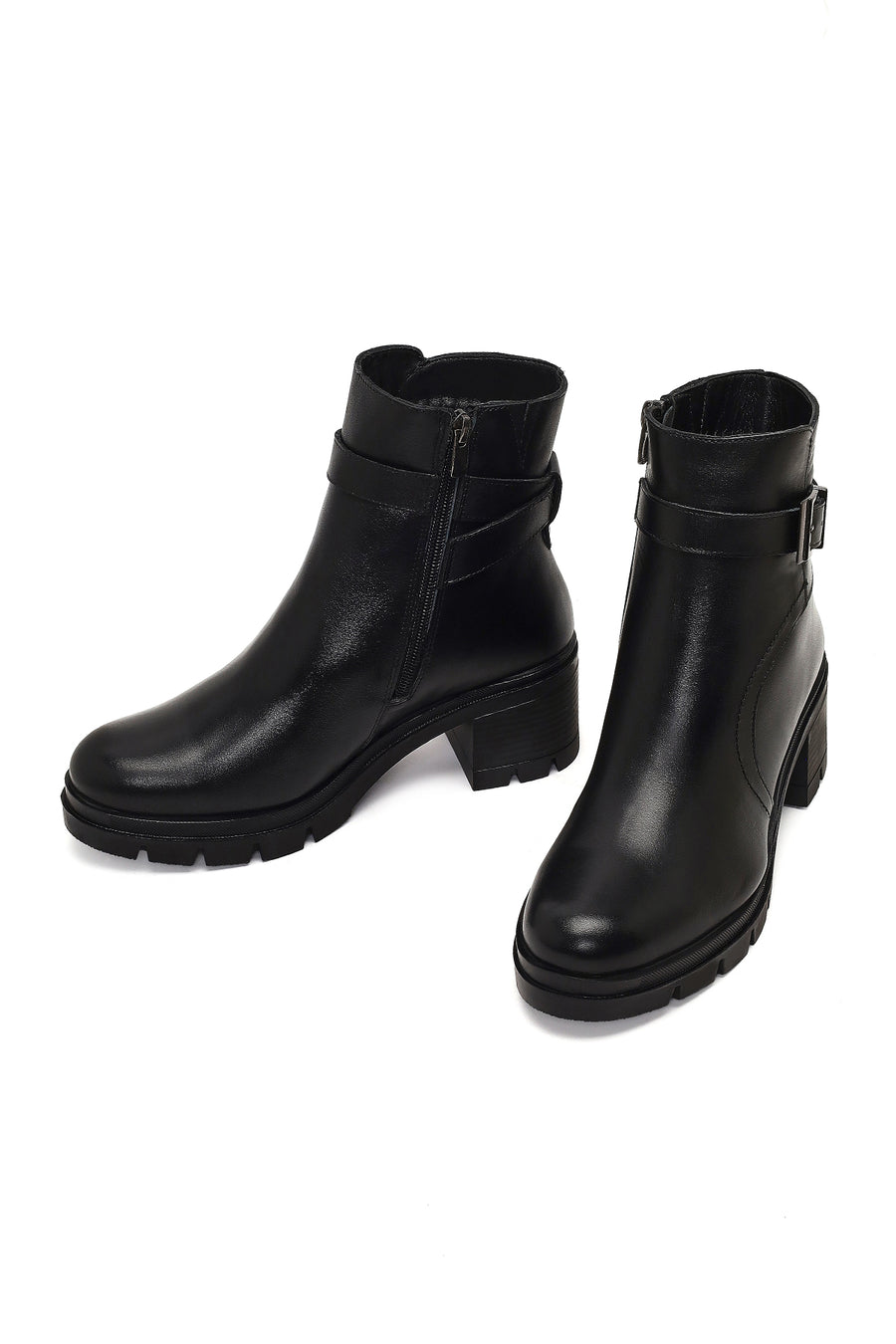 Women's Black Zippered Thick Heeled Leather Boot