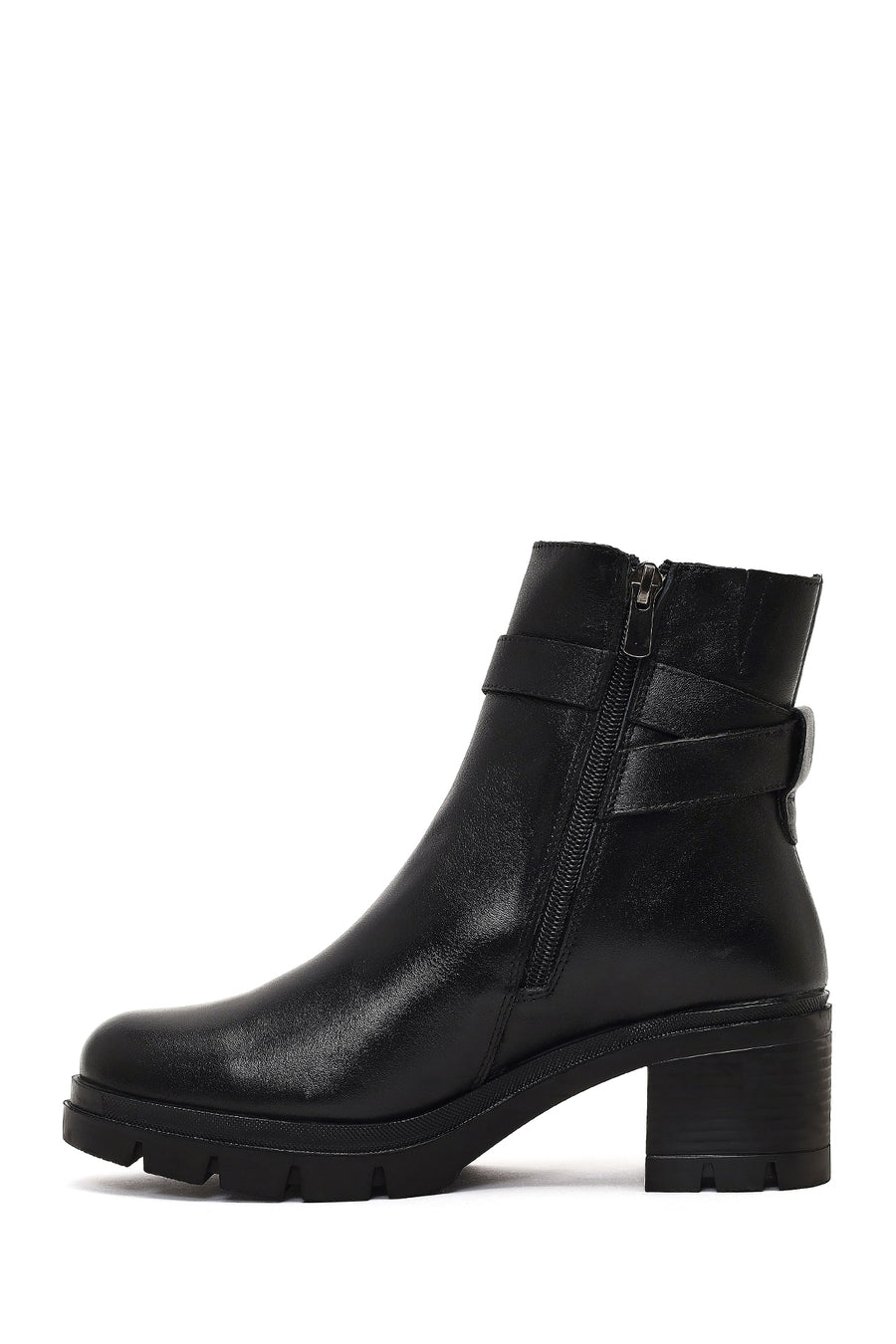 Women's Black Zippered Thick Heeled Leather Boot