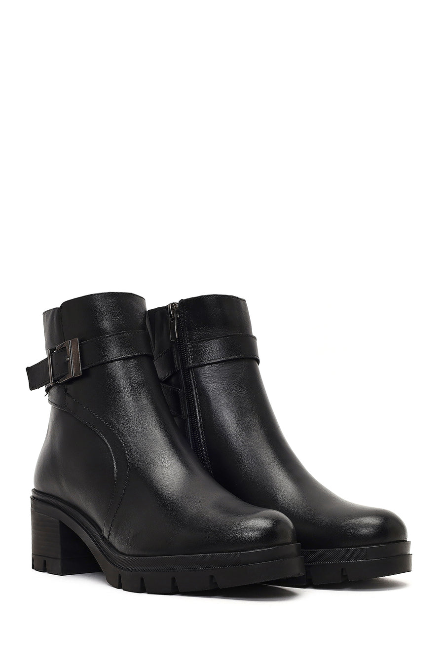 Women's Black Zippered Thick Heeled Leather Boot