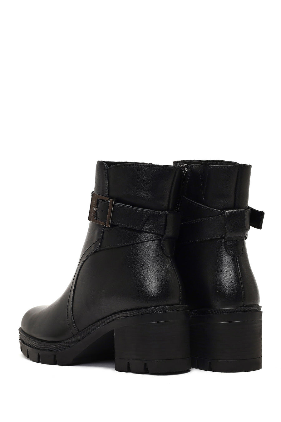Women's Black Zippered Thick Heeled Leather Boot