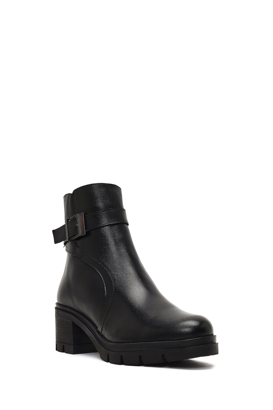 Women's Black Zippered Thick Heeled Leather Boot