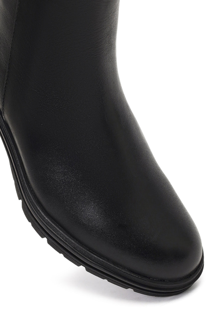 Women's Black Zippered Short Thick Heeled Leather Boots