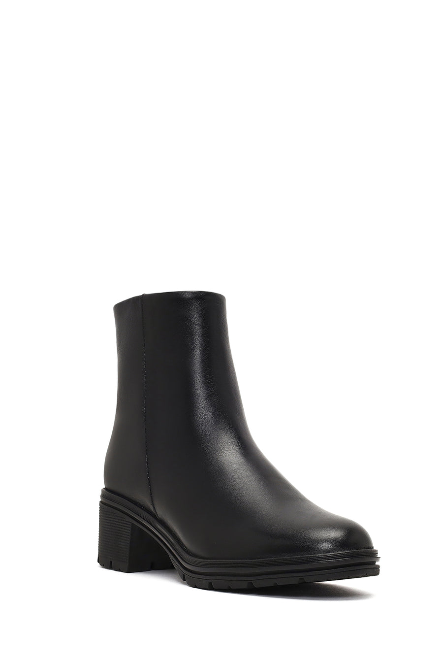 Women's Black Zippered Short Thick Heeled Leather Boots