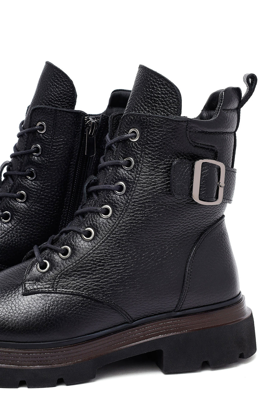 Women's Black Lace-Up Zipper Leather Combat Boots
