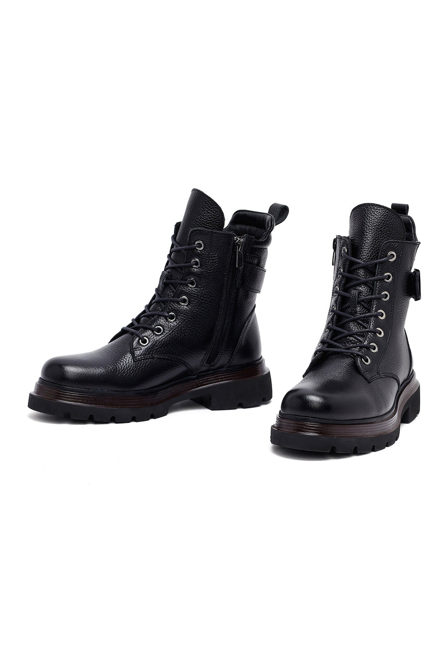 Women's Black Lace-Up Zipper Leather Combat Boots