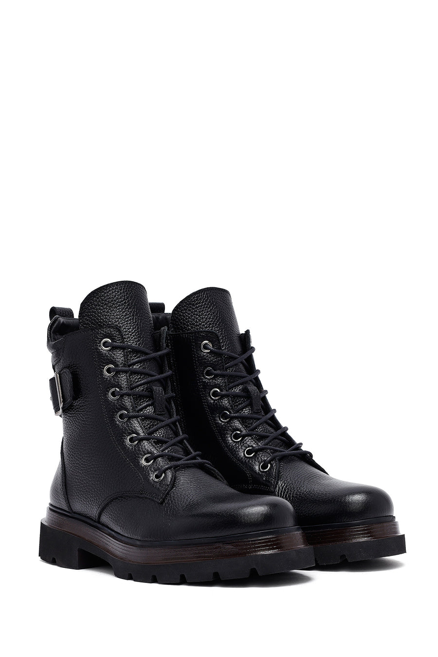 Women's Black Lace-Up Zipper Leather Combat Boots