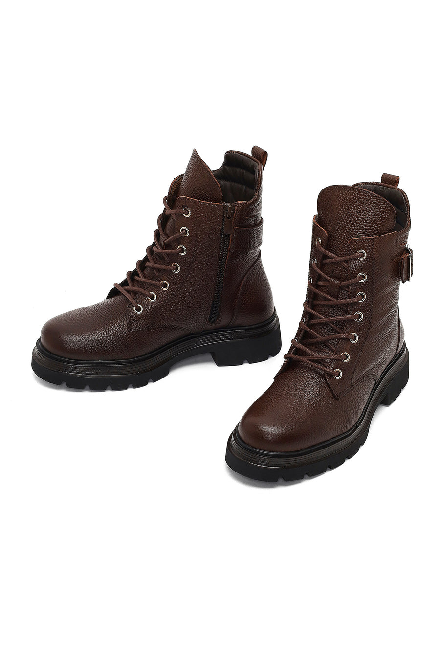 Women's Brown Lace-Up Zipper Leather Ankle Boots