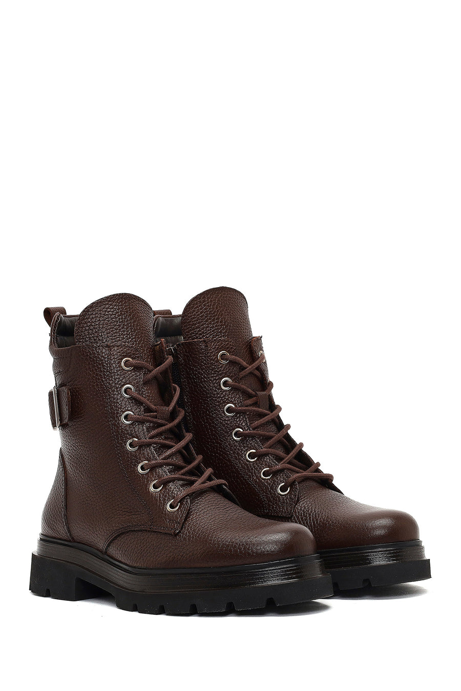 Women's Brown Lace-Up Zipper Leather Ankle Boots