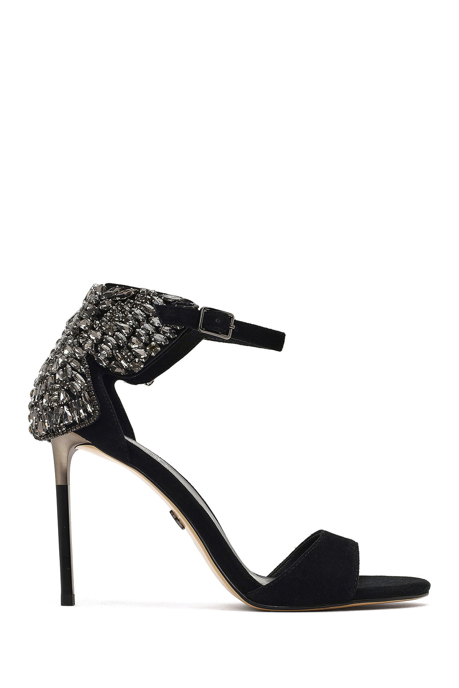 Women's Black Ankle Buckle Stone High Thin Heel Suede Leather Shoe 25WFD490810 | Derimod