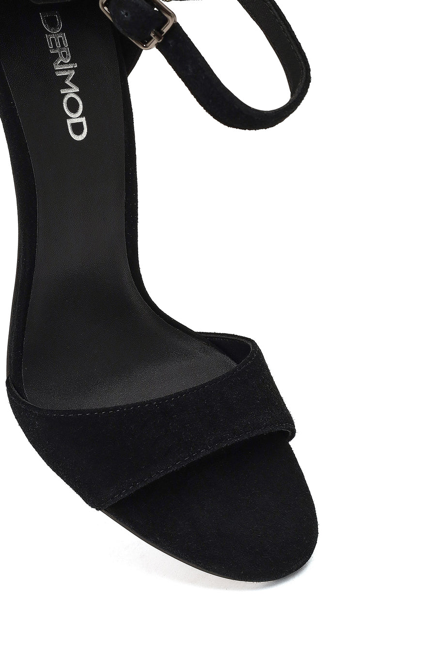Women's Black Ankle Buckle Stone High Thin Heel Suede Leather Shoe