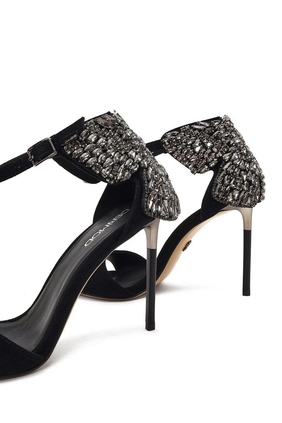 Women's Black Ankle Buckle Stone High Thin Heel Suede Leather Shoe