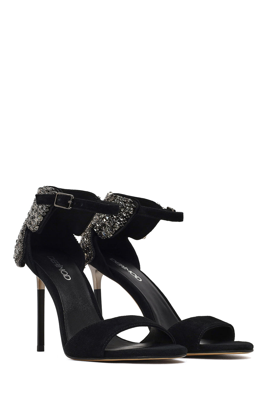 Women's Black Ankle Buckle Stone High Thin Heel Suede Leather Shoe