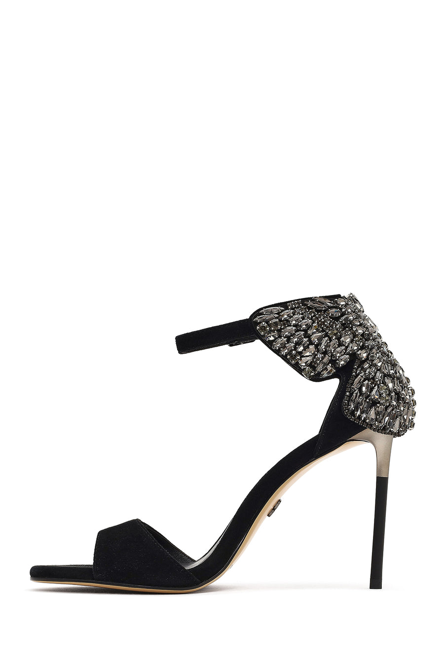Women's Black Ankle Buckle Stone High Thin Heel Suede Leather Shoe