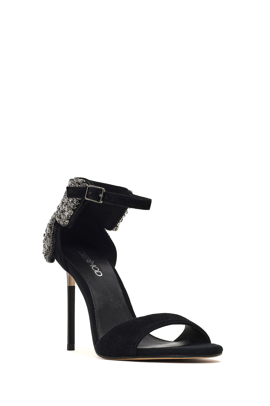 Women's Black Ankle Buckle Stone High Thin Heel Suede Leather Shoe