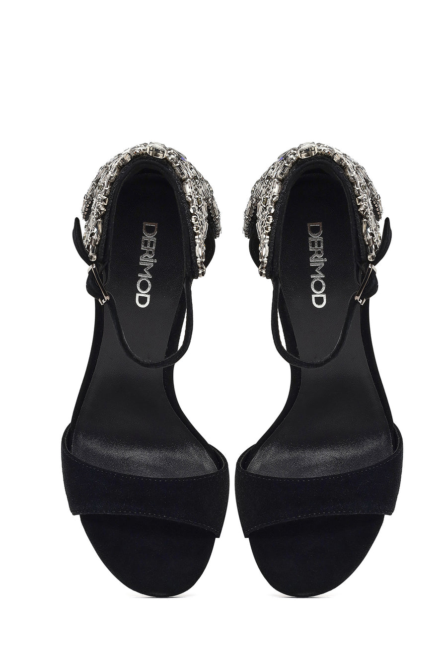 Women's Black Ankle Buckle Stone High Thin Heel Suede Leather Shoe