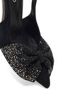 Women's Black Back Open Jeweled Thin High Heel Suede Leather Shoe | Derimod
