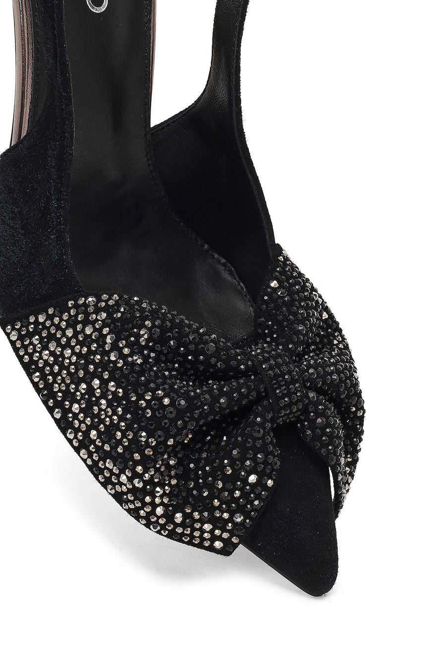 Women's Black Back Open Jeweled Thin High Heel Suede Leather Shoe