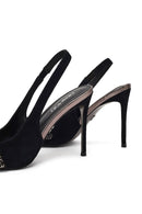 Women's Black Back Open Jeweled Thin High Heel Suede Leather Shoe | Derimod