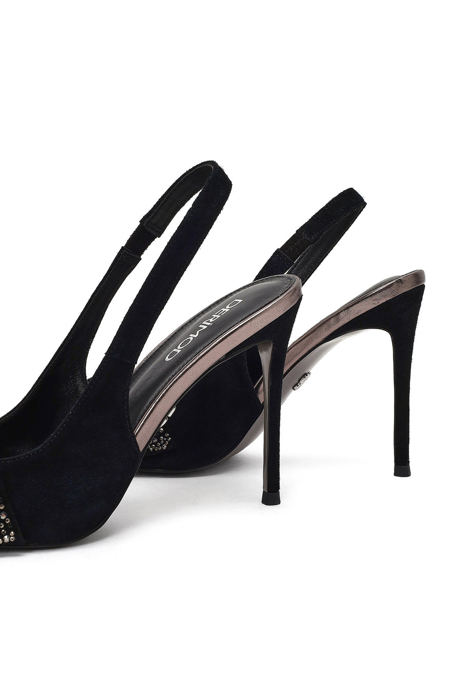 Women's Black Back Open Jeweled Thin High Heel Suede Leather Shoe