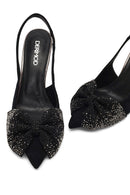 Women's Black Back Open Jeweled Thin High Heel Suede Leather Shoe | Derimod