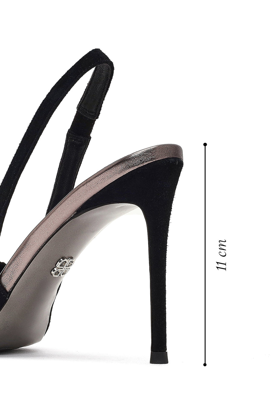 Women's Black Back Open Jeweled Thin High Heel Suede Leather Shoe