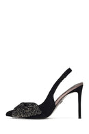 Women's Black Back Open Jeweled Thin High Heel Suede Leather Shoe | Derimod