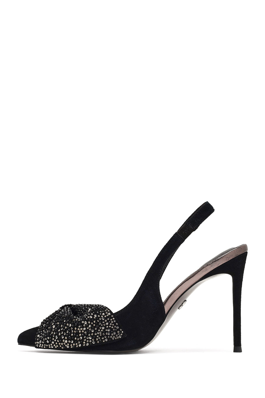 Women's Black Back Open Jeweled Thin High Heel Suede Leather Shoe