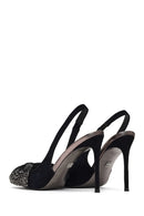 Women's Black Back Open Jeweled Thin High Heel Suede Leather Shoe | Derimod
