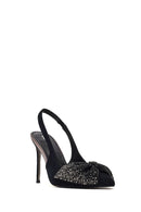 Women's Black Back Open Jeweled Thin High Heel Suede Leather Shoe | Derimod