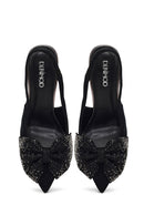 Women's Black Back Open Jeweled Thin High Heel Suede Leather Shoe | Derimod