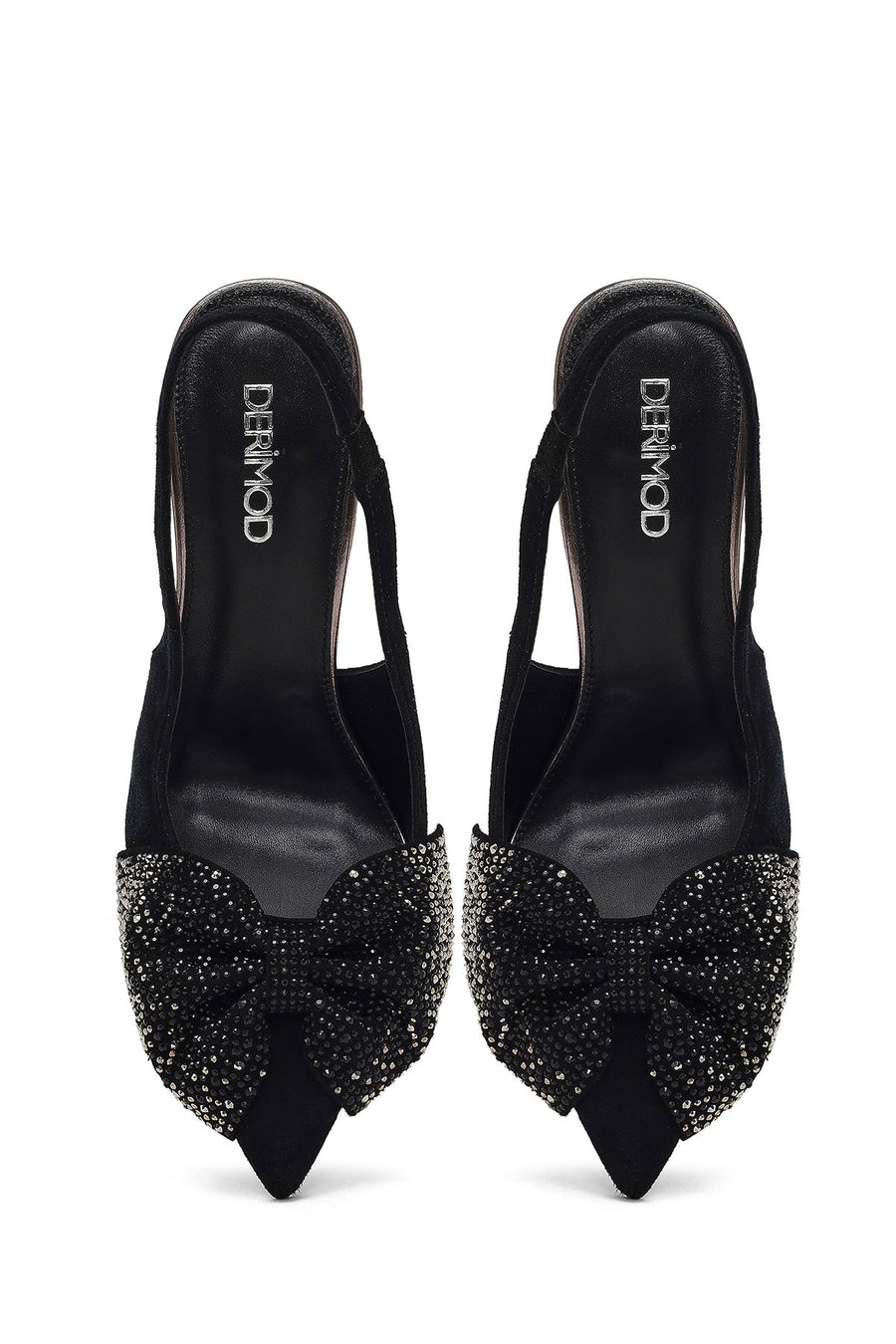 Women's Black Back Open Jeweled Thin High Heel Suede Leather Shoe
