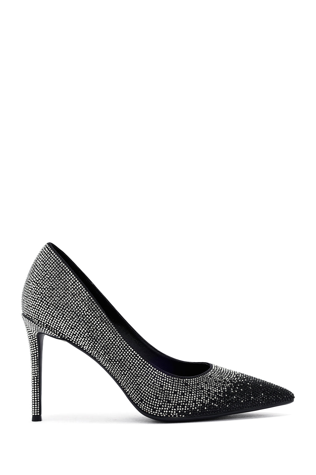 Kadın Siyah Taşlı İnce Topuklu Deri Stiletto
