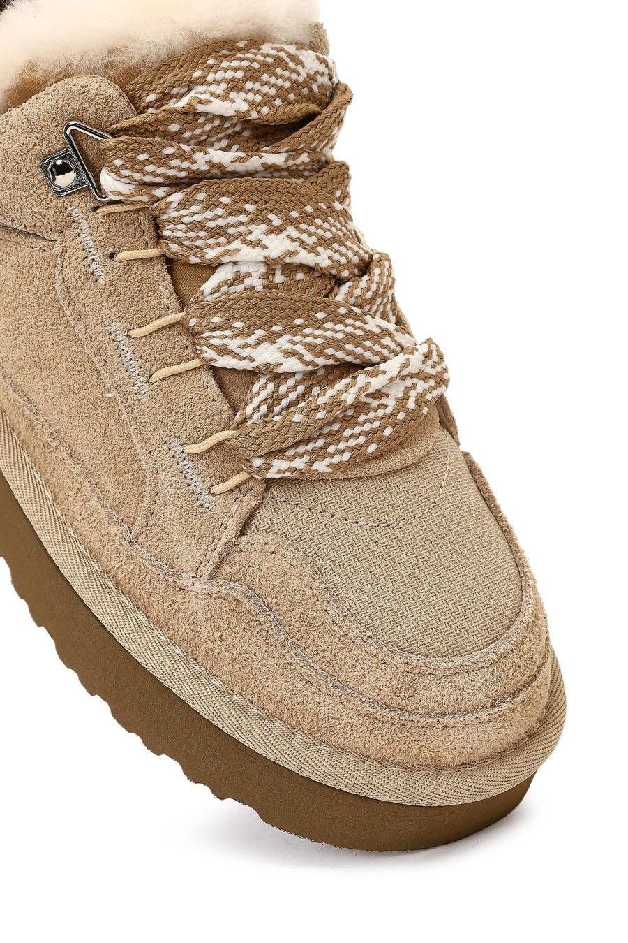 Women's Beige Lace-Up Thick-Soled Furry Suede Leather Teddy Sneaker