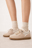 Women's Beige Lace-Up Thick-Soled Furry Suede Leather Teddy Sneaker | Derimod