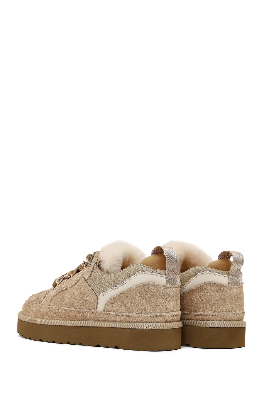 Women's Beige Lace-Up Thick-Soled Furry Suede Leather Teddy Sneaker