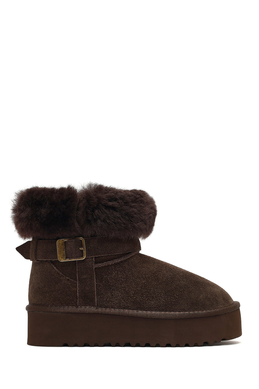Women's Brown Thick-Soled Fur Detailed Suede Leather Teddy Boot 25WFD492410 | Derimod