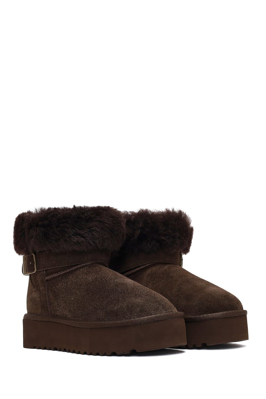 Women's Brown Thick-Soled Fur Detailed Suede Leather Teddy Boot