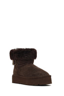 Women's Brown Thick-Soled Fur Detailed Suede Leather Teddy Boot | Derimod