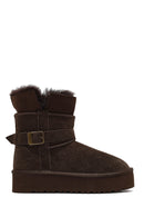 Women's Brown Thick-Soled Fur Detailed Suede Leather Teddy Boot | Derimod