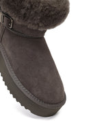 Women's Gray Thick-Soled Fur Detailed Suede Leather Teddy Boot | Derimod