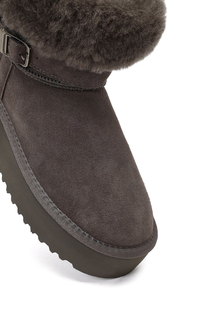 Women's Gray Thick-Soled Fur Detailed Suede Leather Teddy Boot