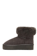 Women's Gray Thick-Soled Fur Detailed Suede Leather Teddy Boot | Derimod